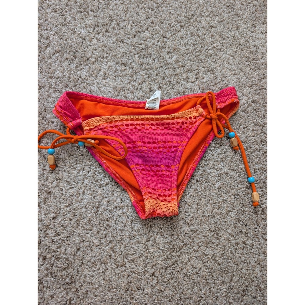 Hobie Pink Orange Ombre Crochet Side Tie Bikini Bottoms Beaded Medium